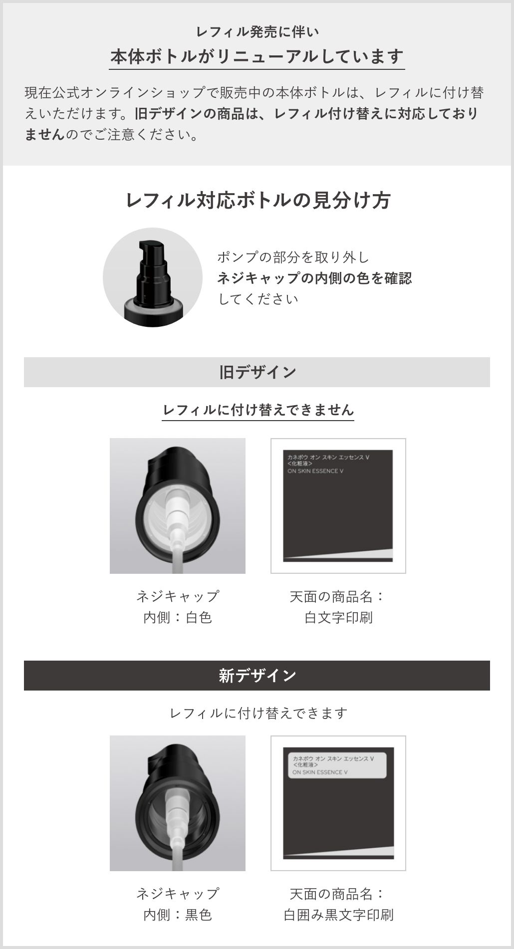 レフィル発売に伴い本体ボトルがリニューアルしています 現在公式オンラインショップで販売中の本体ボトルは、レフィルに付け替えいただけます。旧デザインの商品は、レフィル付け替えに対応しておりませんのでご注意ください。 ポンプの部分を取り外しネジキャップの内側の色を確認してください 旧デザイン レフィルに付け替えできません ネジキャップ 内側:白色 天面の商品名:白文字印刷 新デザイン レフィルに付け替えできます ネジキャップ 内側:黒色 天面の商品名:白囲み黒文字印刷