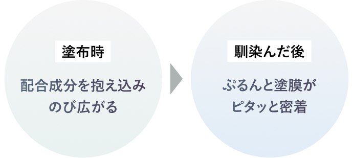 塗布時 配合成分を抱え込みのび広がる 馴染んだ後 ぷるんと塗膜がピタッと密着