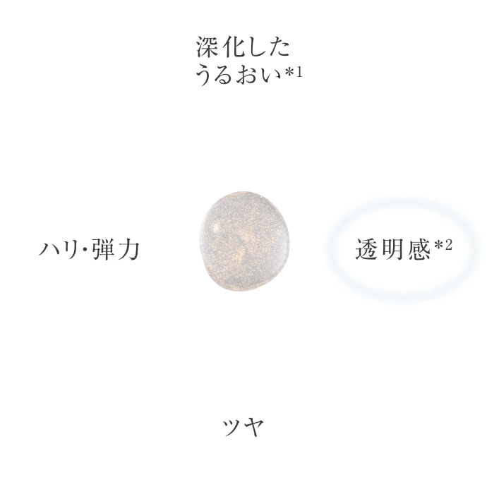 深化したうるおい*1 明るさ*2 透明感*2 くすみケア*2 ツヤ 乾燥による小ジワを目立たなくする*3 ハリ・弾力 キメ・なめらかさ
