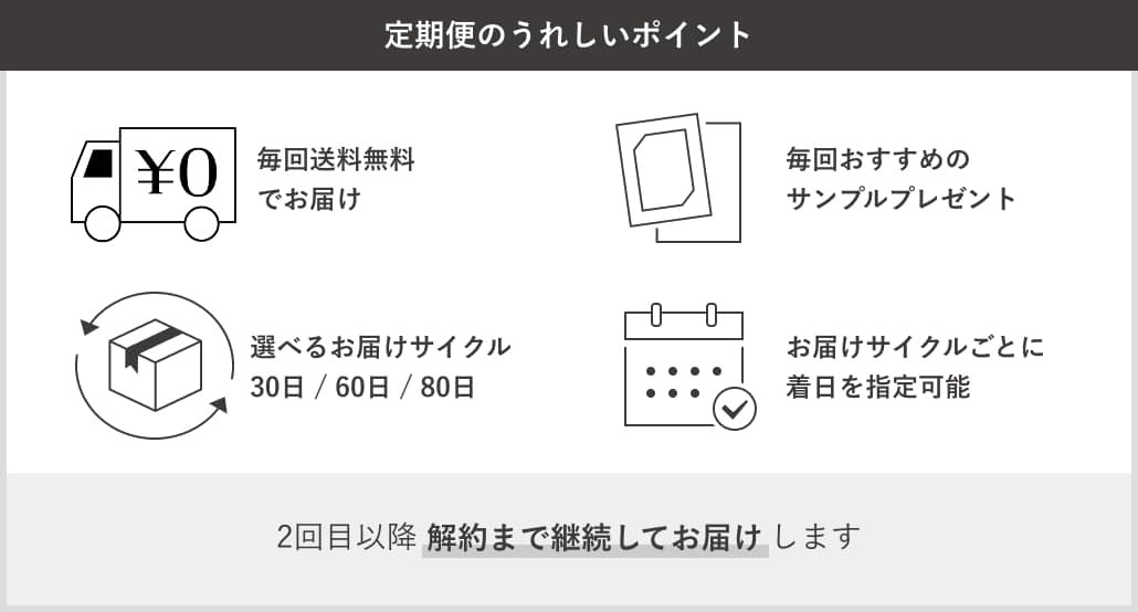定期便サービス特典 毎回送料無料でお届け 毎回おすすめのサンプルプレゼント 選べるお届けサイクル30日/60日/80日 お届けサイクルごとに着日を指定可能 2回目以降 解約まで継続してお届けします
