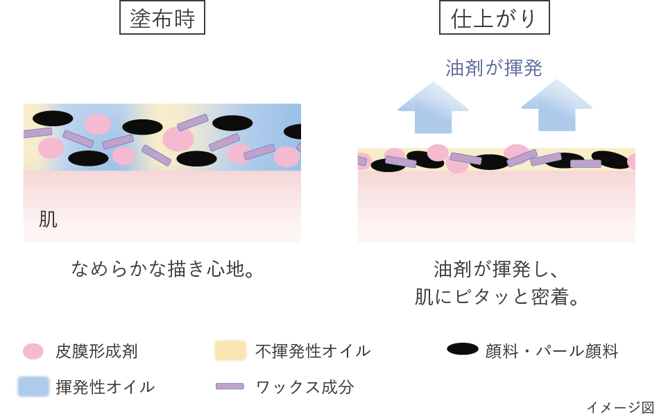 塗布時 肌:なめらかな描き心地 仕上がり 肌:油剤が揮発し、肌にピタッと密着。