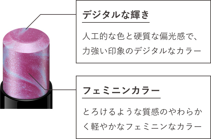 デジタルな輝き 人工的な色と硬質な偏光感で、力強い印象のデジタルなカラー フェミニンカラー とろけるような質感のやわらかく軽やかなフェミニンなカラー