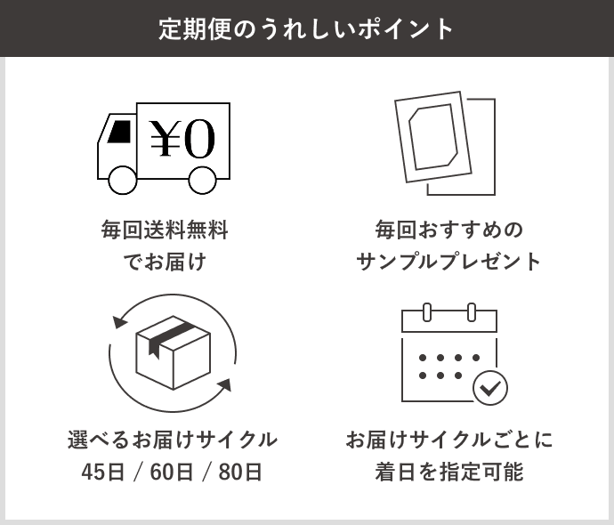 定期便サービス特典 毎回送料無料でお届け 毎回おすすめのサンプルプレゼント 選べるお届けサイクル45日/60日/80日 お届けサイクルごとに着日を指定可能 2回目以降 解約まで継続してお届けします