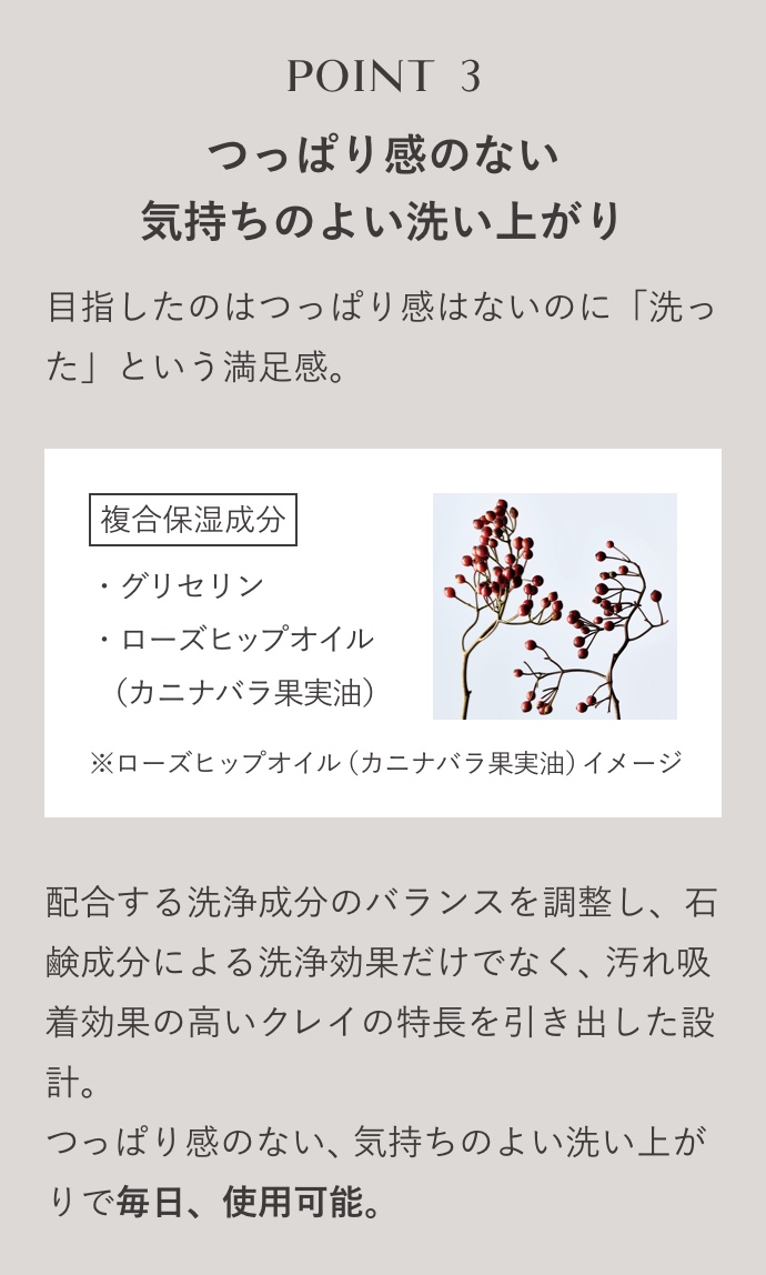 POINT3 つっぱり感のない気持ちのよい洗い上がり 目指したのはつっぱり感はないのに「洗った」という満足感。 複合保湿成分 ・グリセリン ・ローズヒップオイル(カニナバラ果実油) ※ローズヒップオイル(カニナバラ果実油)イメージ 配合する洗浄成分のバランスを調整し、石鹸成分による洗浄効果だけでなく、汚れ吸着効果の高いクレイの特長を引き出した設計。つっぱり感のない、気持ちのよい洗い上がりで毎日、使用可能。