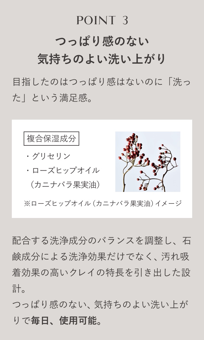 POINT3　つっぱり感のない気持ちのよい洗い上がり　目指したのはつっぱり感はないのに「洗った」という満足感。　複合保湿成分　・グリセリン　・ローズヒップオイル（カニナバラ果実油）　※ローズヒップオイル（カニナバラ果実油）イメージ　配合する洗浄成分のバランスを調整し、石鹸成分による洗浄効果だけでなく、汚れ吸着効果の高いクレイの特長を引き出した設計。つっぱり感のない、気持ちのよい洗い上がりで毎日、使用可能。