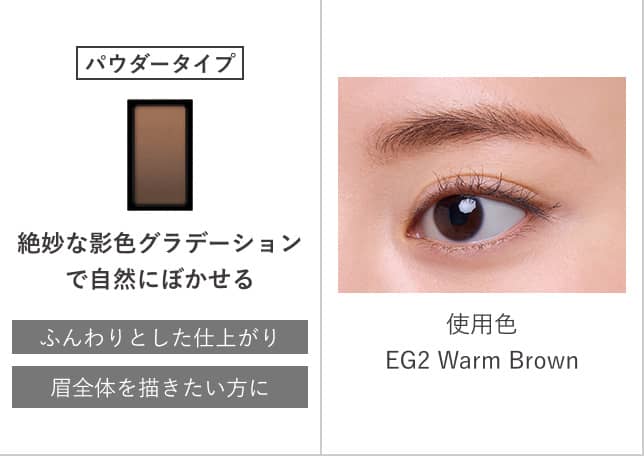 パウダータイプ 絶妙な影色グラデーションで自然にぼかせる ふんわりとした仕上がり 眉全体を描きたい方に 使用色 EG2 Warm Brown