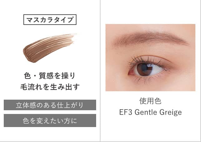 マスカラタイプ 色・質感を操り毛流れを生み出す 立体感のある仕上がり色を変えたい方に 使用色EF3 Gentle Greige