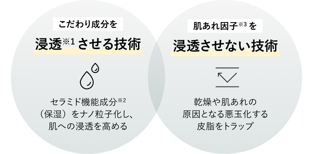 こだわり成分を浸透※1 させる技術 セラミド機能成分※2（保湿）をナノ粒子化し、肌への浸透を高める 肌あれ因子※3 を浸透させない技術 乾燥や肌あれの原因となる悪玉化する皮脂をトラップ